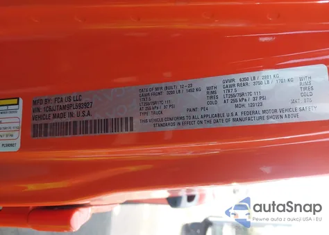 2023 Jeep Gladiator Willys 4X4 z USA, uszkodzony, nr VIN 1C6JJTAM9PL593927